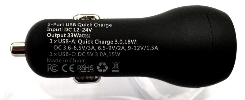 Quick Charge Car Charger to USB Type A and Type C at 3 Amp