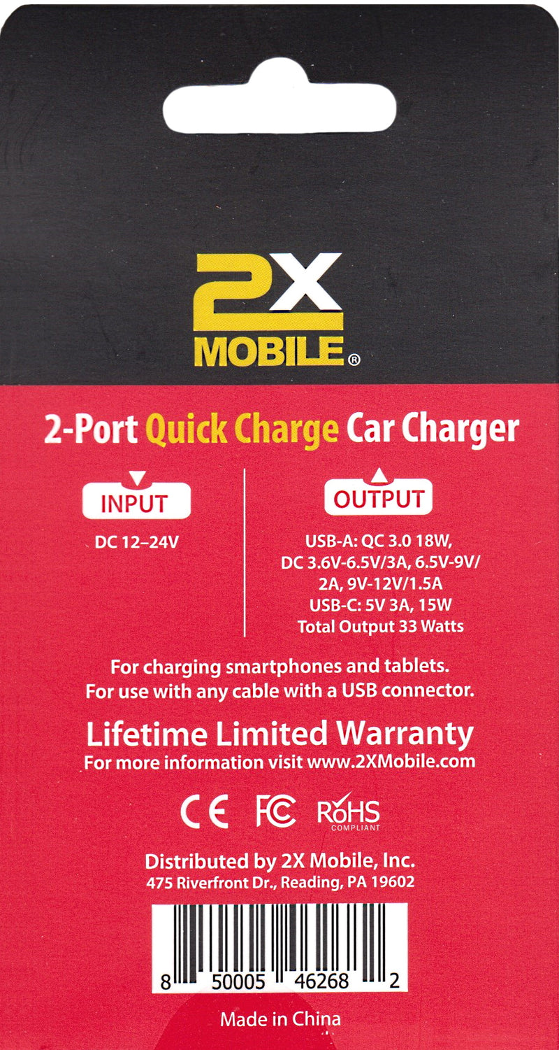 Quick Charge Car Charger to USB Type A and Type C at 3 Amp