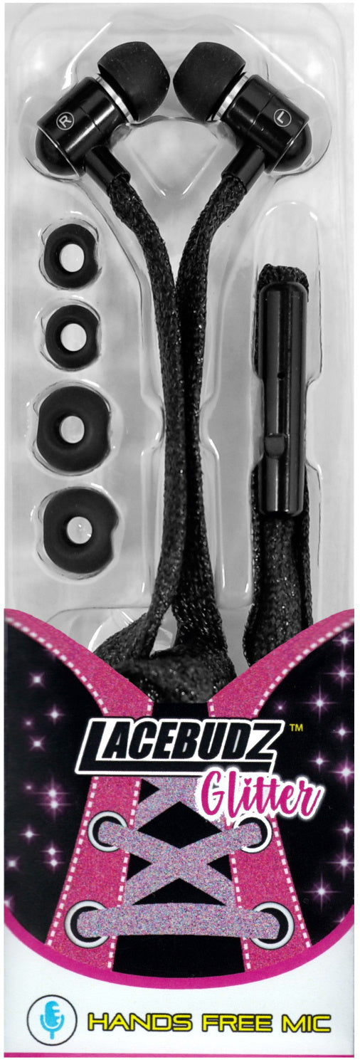 Glitter Lacebudz Earphone - Shoe lace style Earphones in Black Color