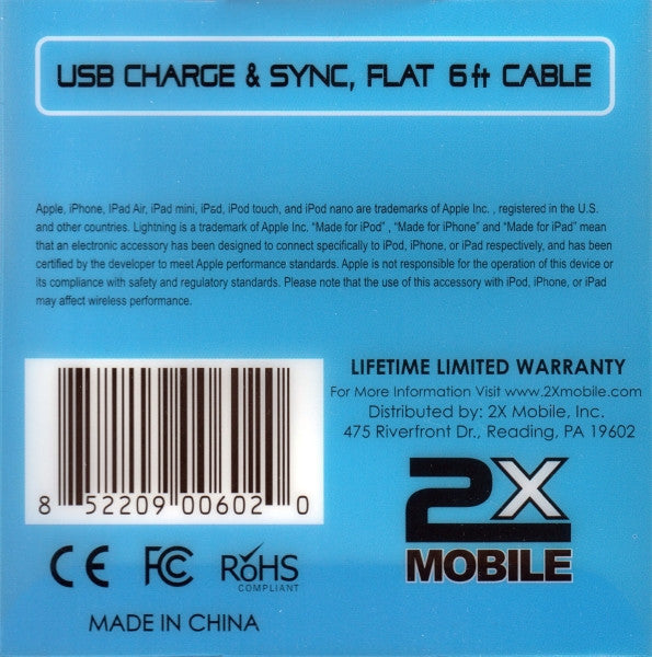 2xMobile Niki 6ft Apple 30 pin Charge/Sync Cable back