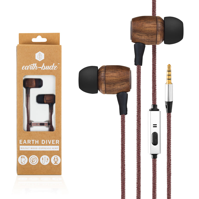 Earth-Budz - Genuine Wood Earbuds, in-Ear Noise-Isolating Headphones, with in-line Microphone. (Earth Diver)