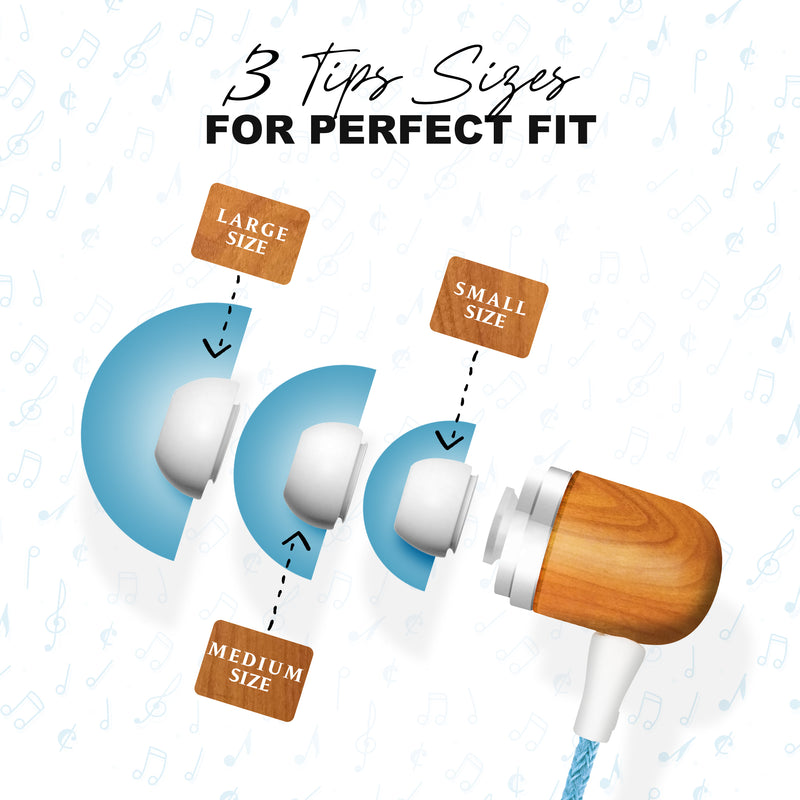 Bluetooth Wireless Earth-Budz - Genuine Wood Earbuds, in-Ear Noise-Isolating Headphones, with in-line Microphone. (Blue Skies)