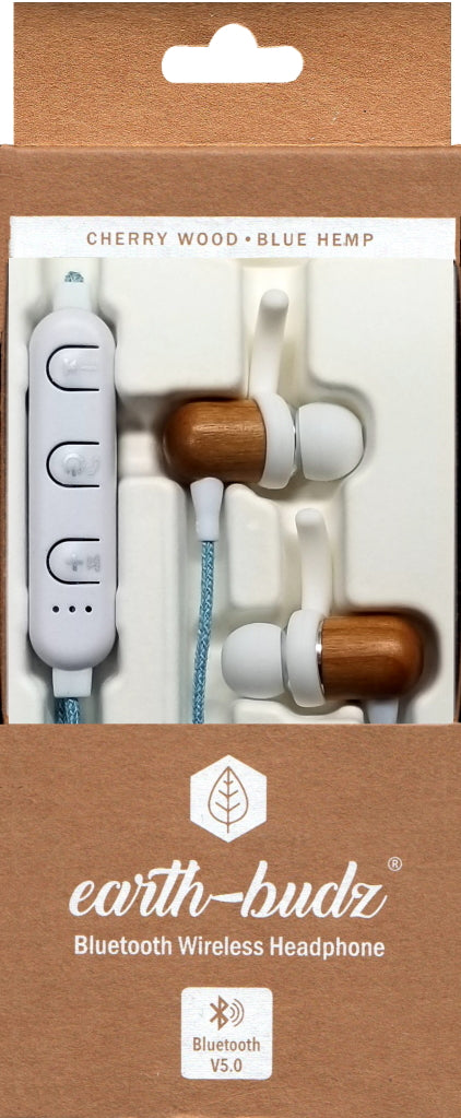 Bluetooth Wireless Earth-Budz - Genuine Wood Earbuds, in-Ear Noise-Isolating Headphones, with in-line Microphone. (Blue Skies)